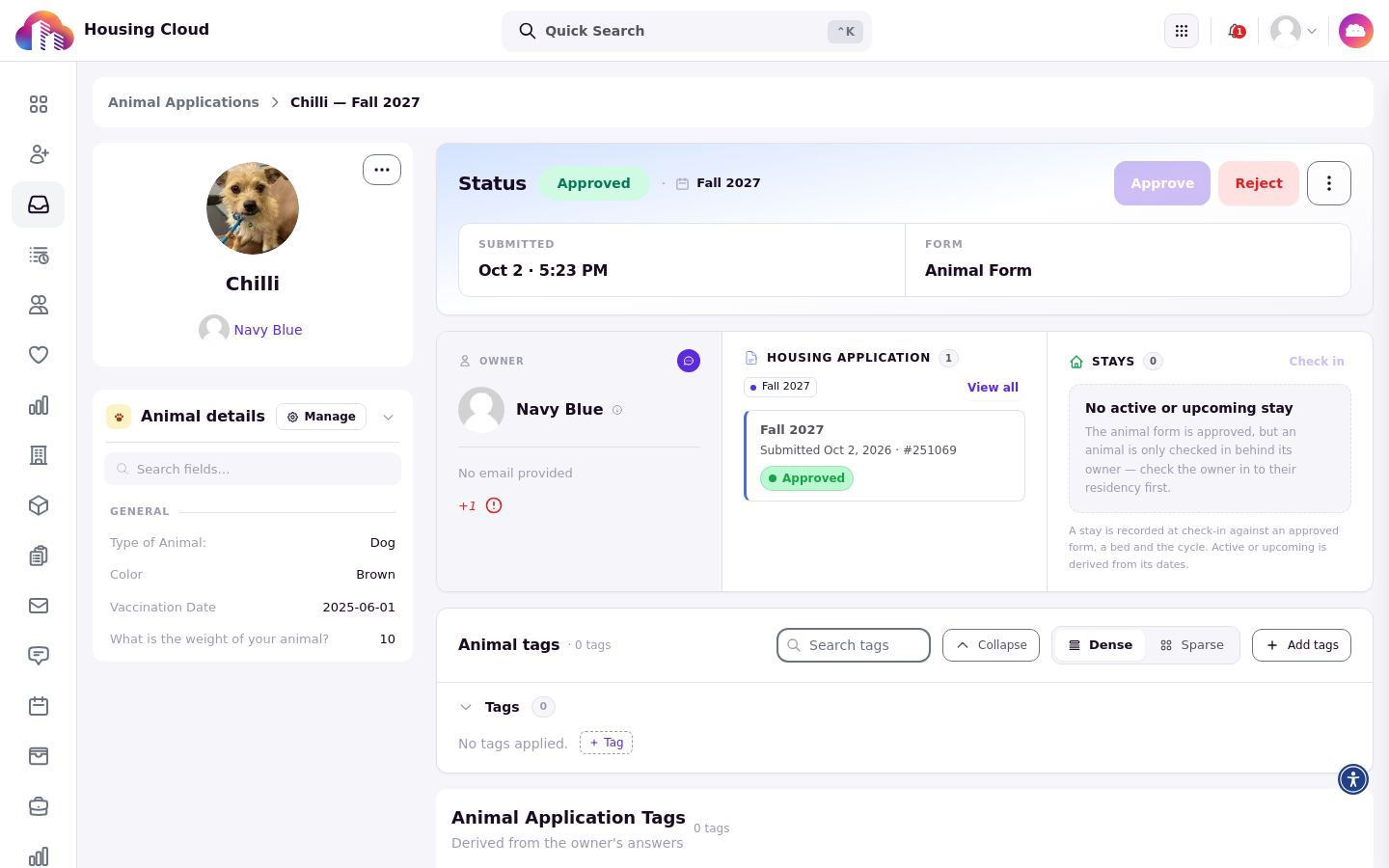 The application detail page with the status set to Approved