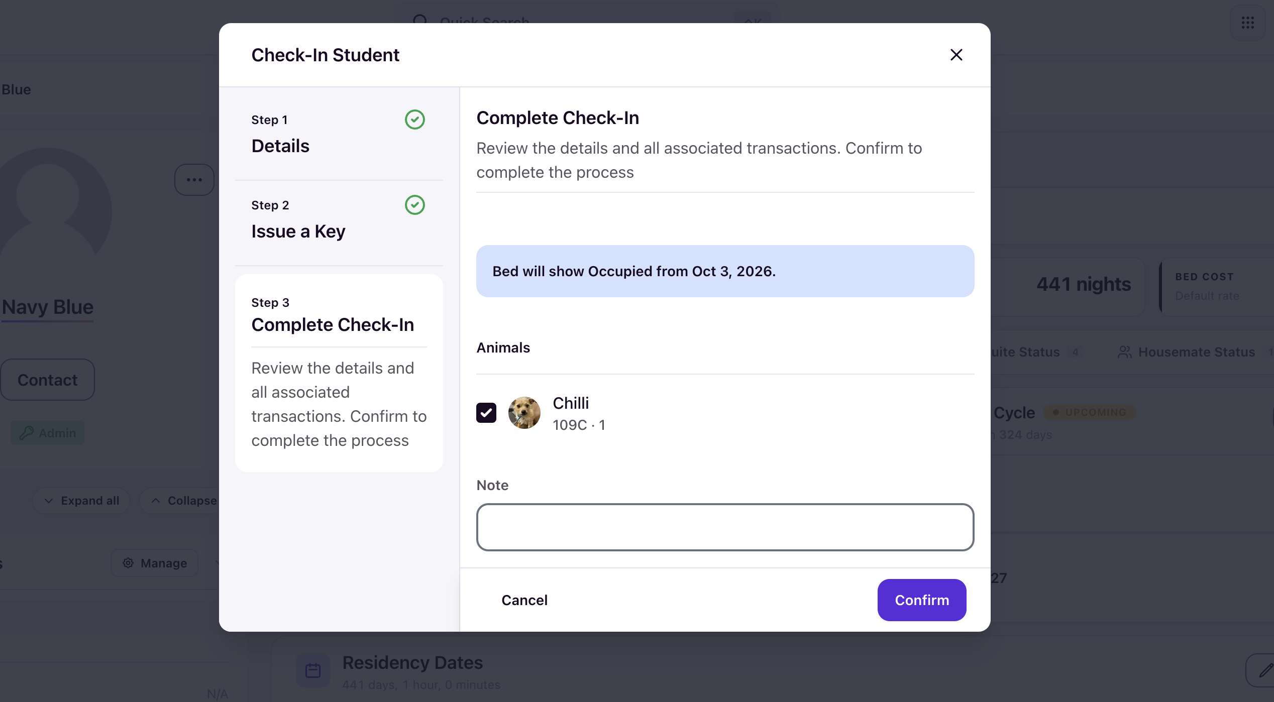 The Complete Check-In step with the Animals section showing Chilli preselected