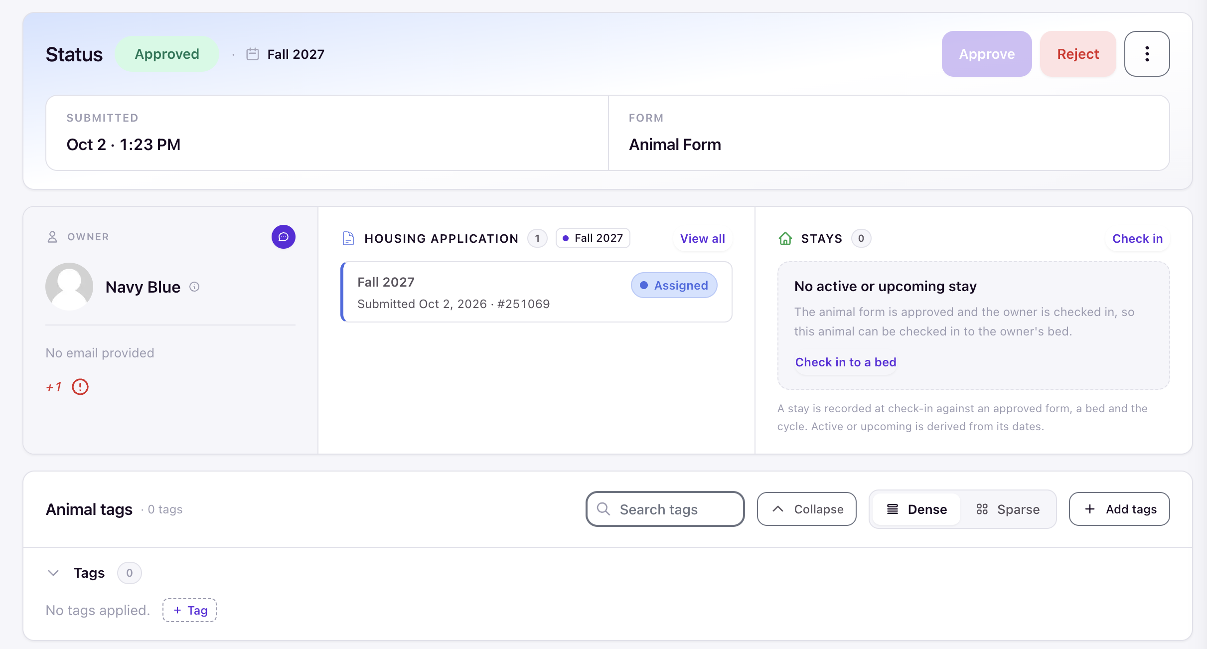 An approved animal application whose owner is checked in, with the Check in action available on the Stays card