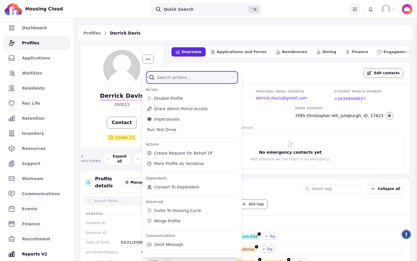 Profile actions menu with the Access group and Impersonate