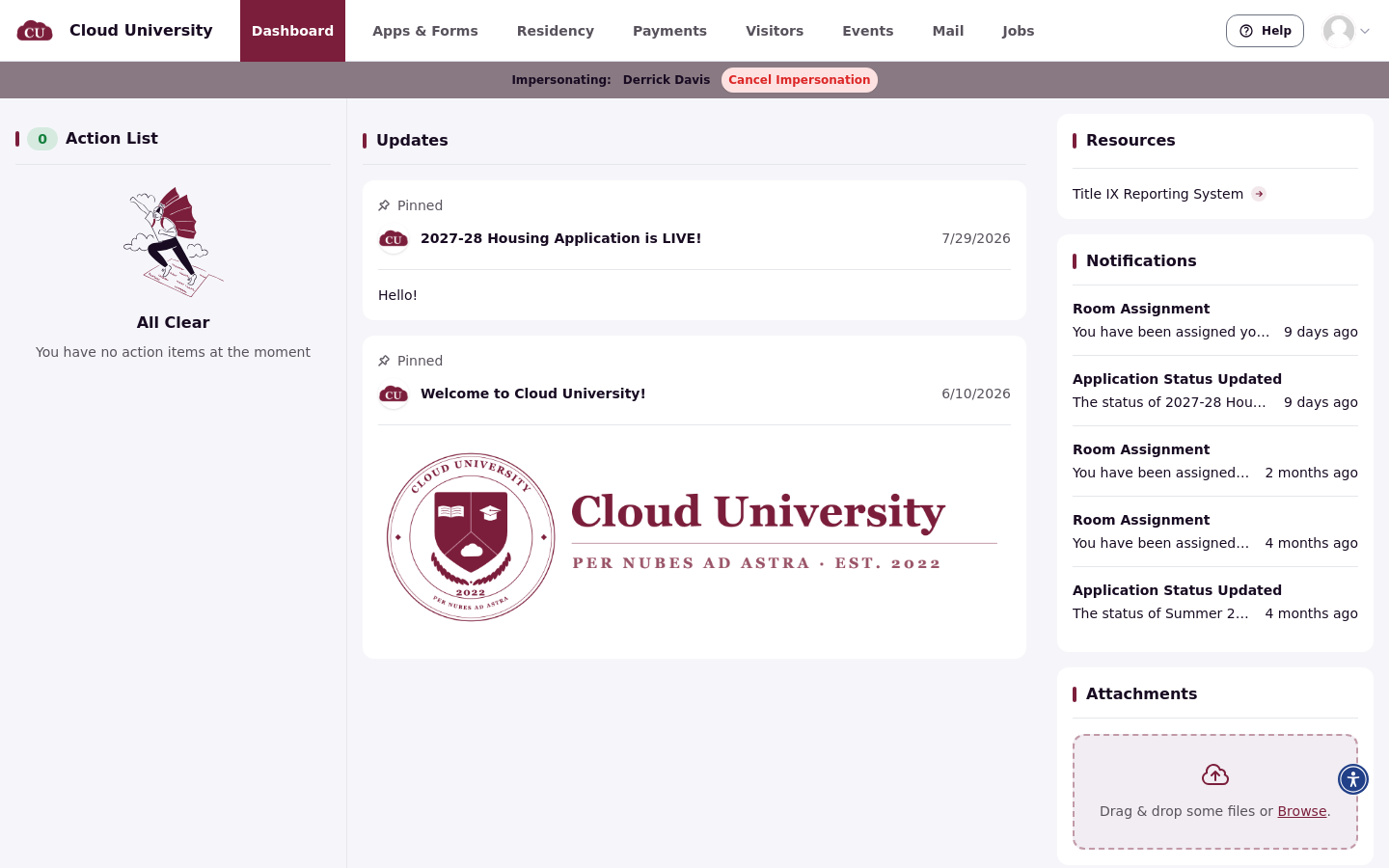 Student portal with the impersonation banner