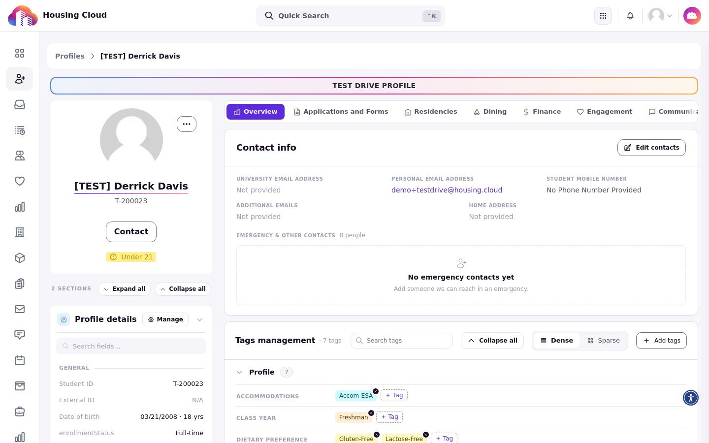 Admin profile page with the TEST DRIVE PROFILE banner