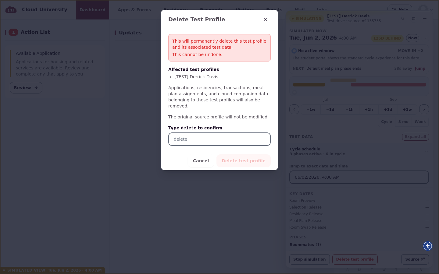 Delete test profile dialog with the Type delete to confirm box