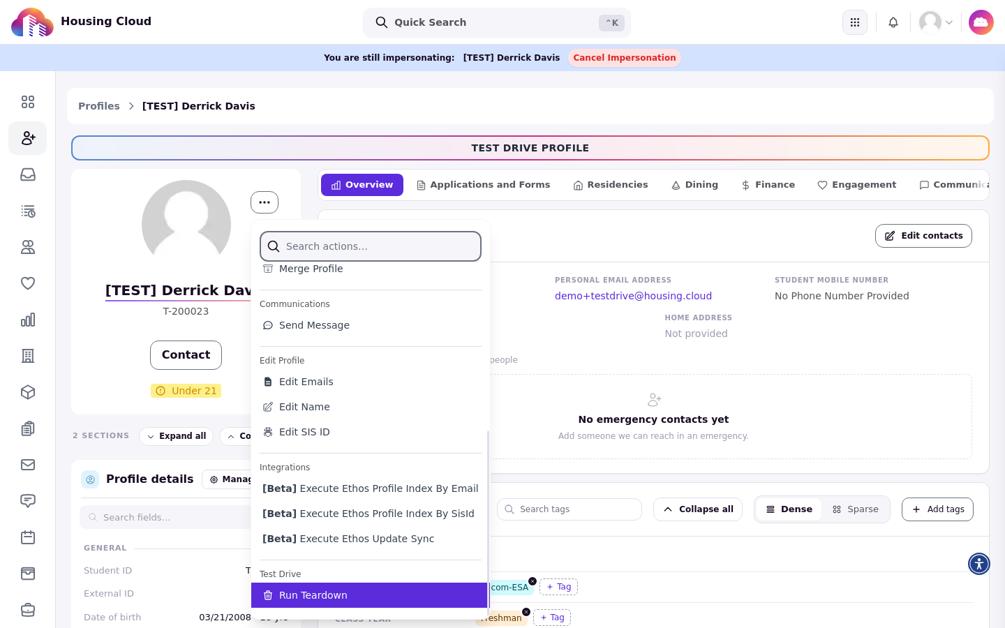 Profile actions menu with Run Teardown