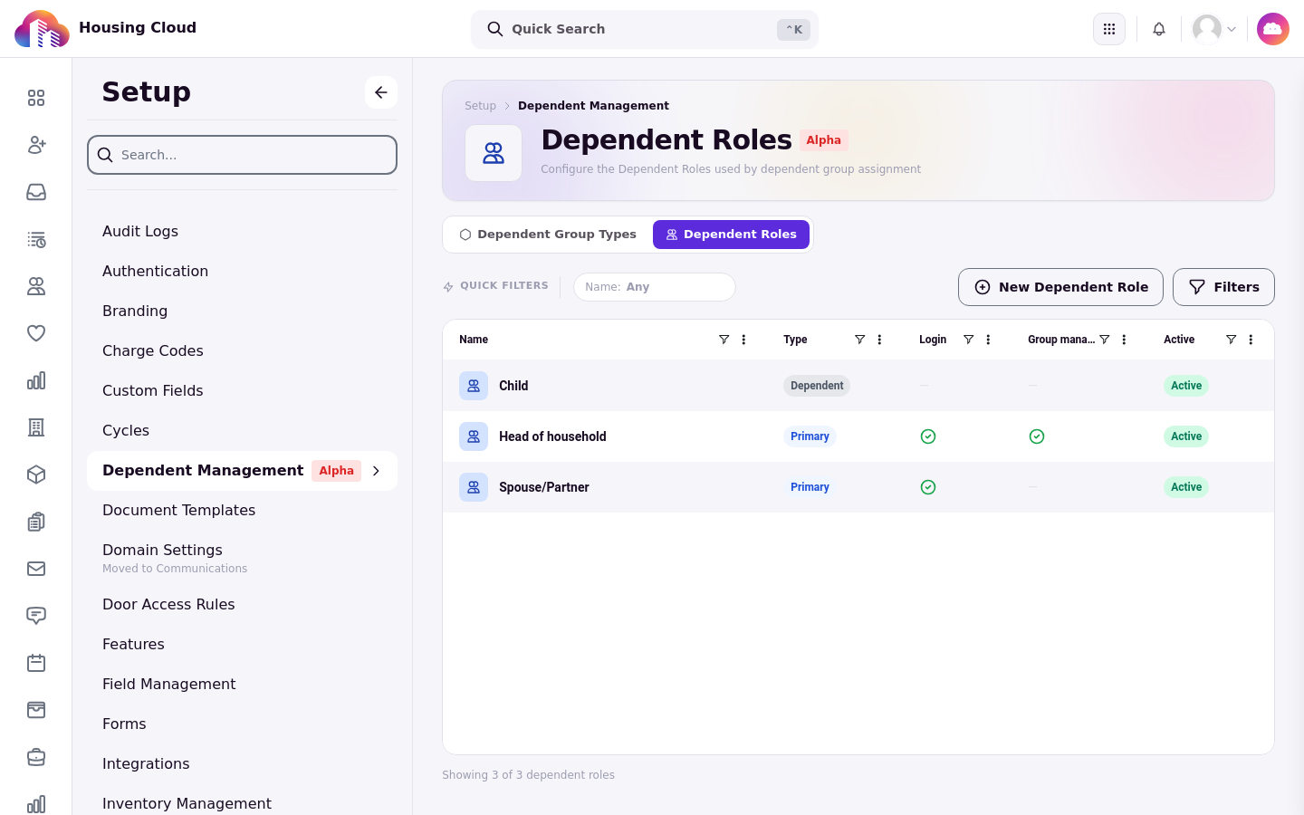 The Dependent Roles tab with its list of roles