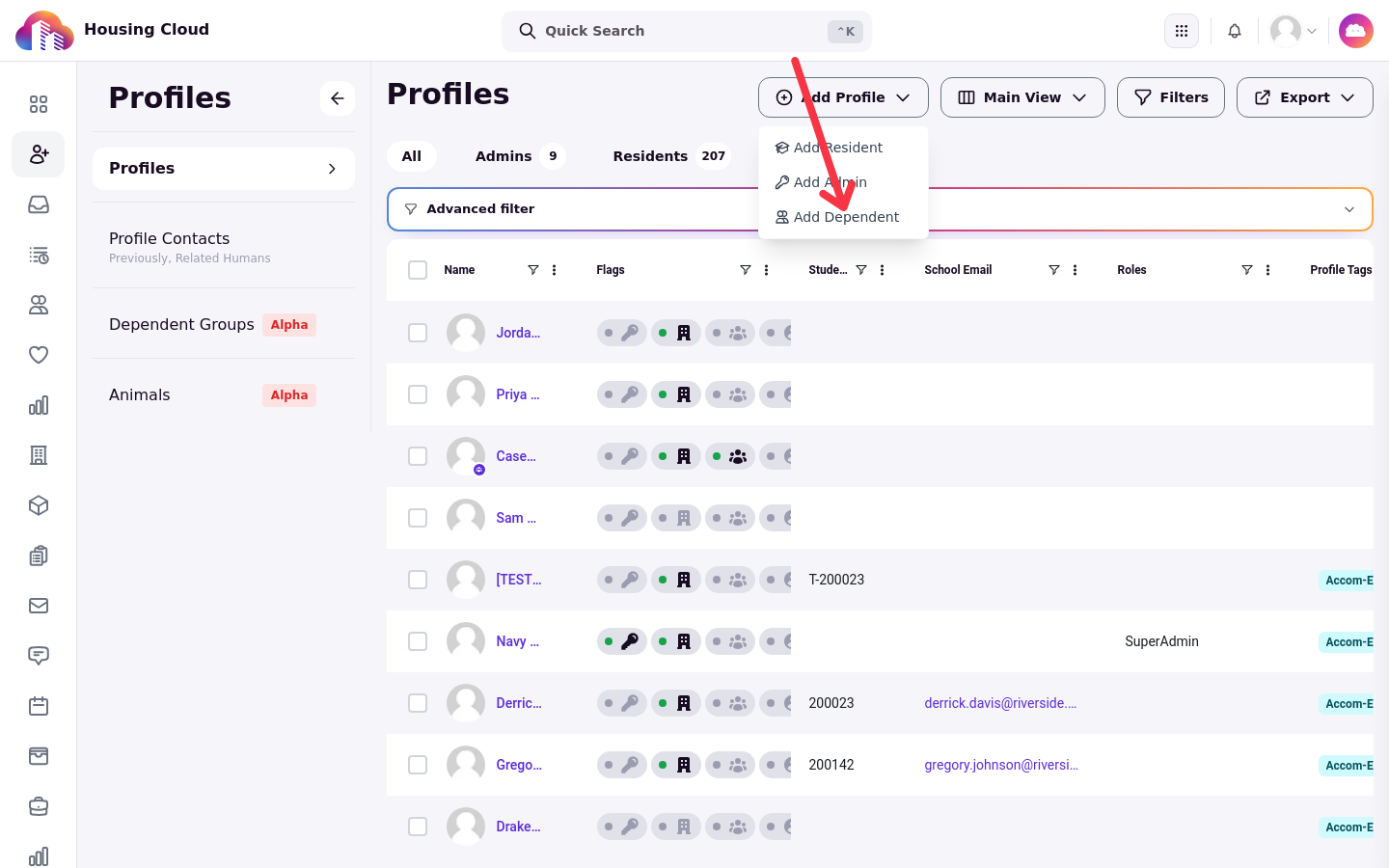 The Add Profile menu with the Add Dependent item