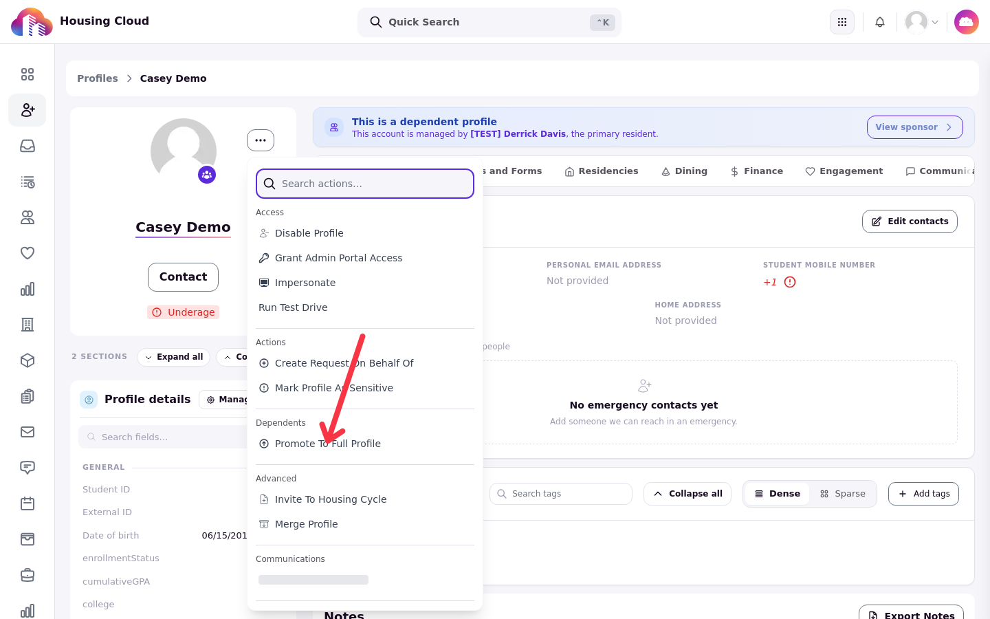 The Profile actions menu with the Dependents group and Promote to Full Profile