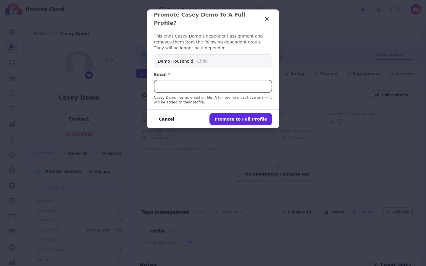 The Promote to a full profile dialog with its required Email field