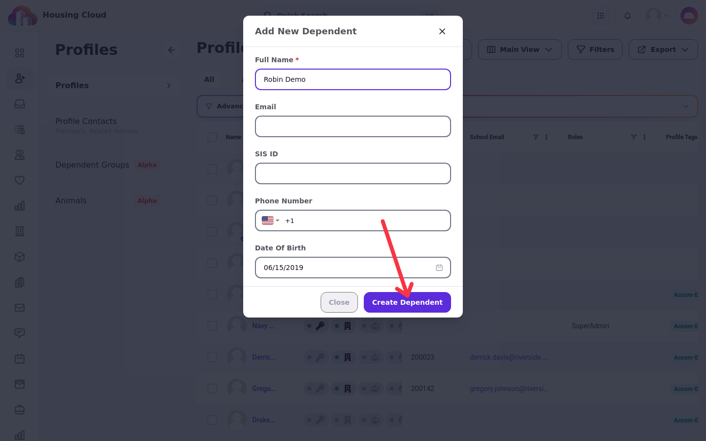 The Add New Dependent form with Full Name, Email, SIS ID, phone and Date of Birth