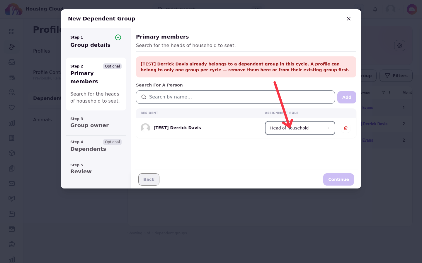 The one-group-per-cycle warning blocking Continue in the New Dependent Group wizard