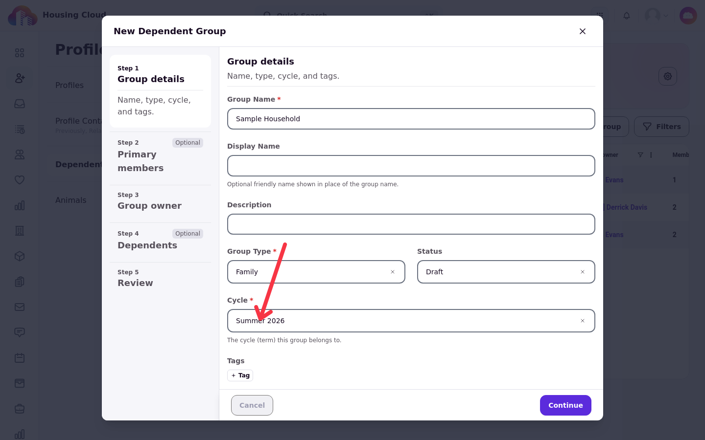 The New Dependent Group wizard on the Group details step