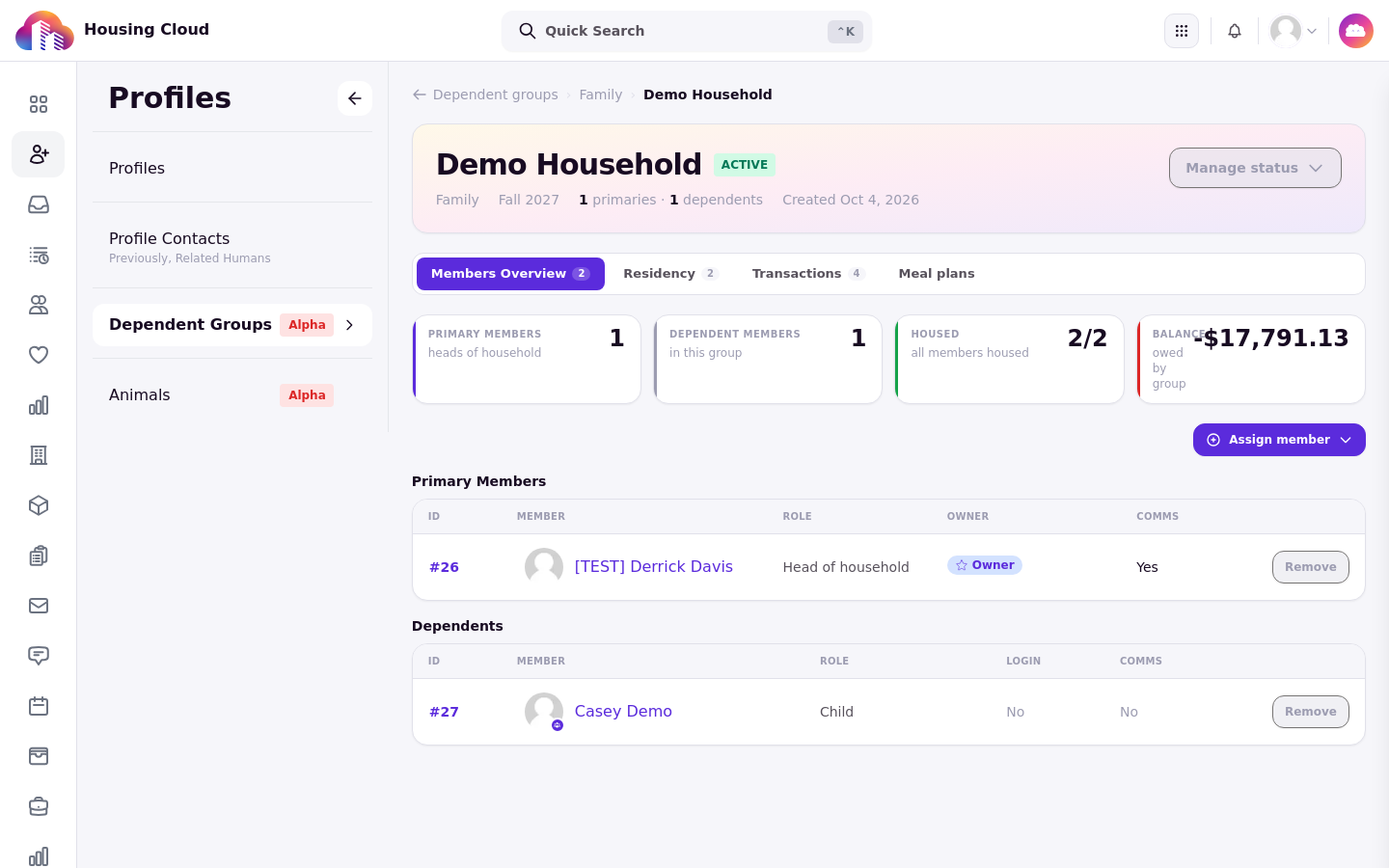 A dependent group detail page with stat cards and member tables