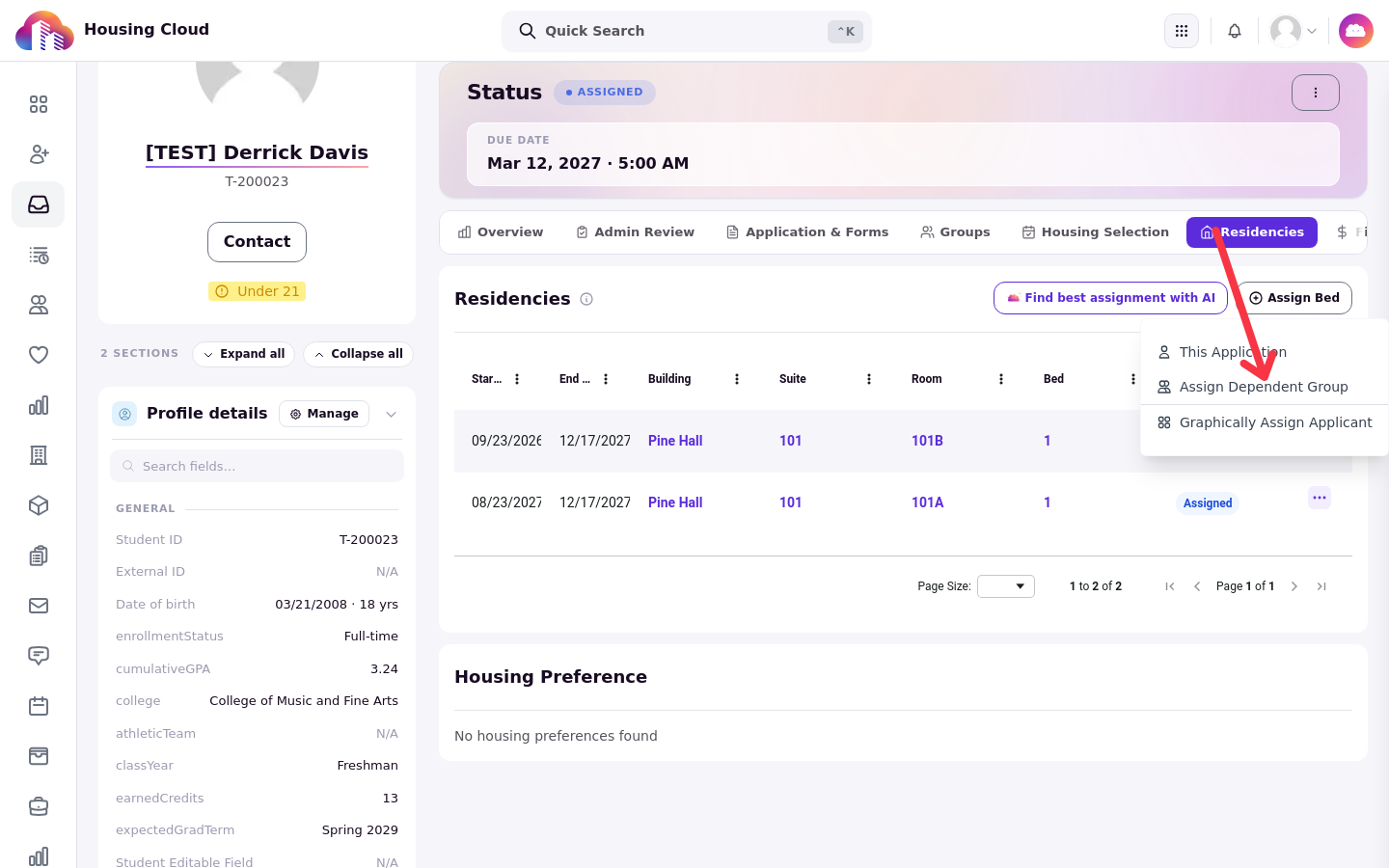 The Assign Bed menu with the Assign Dependent Group item