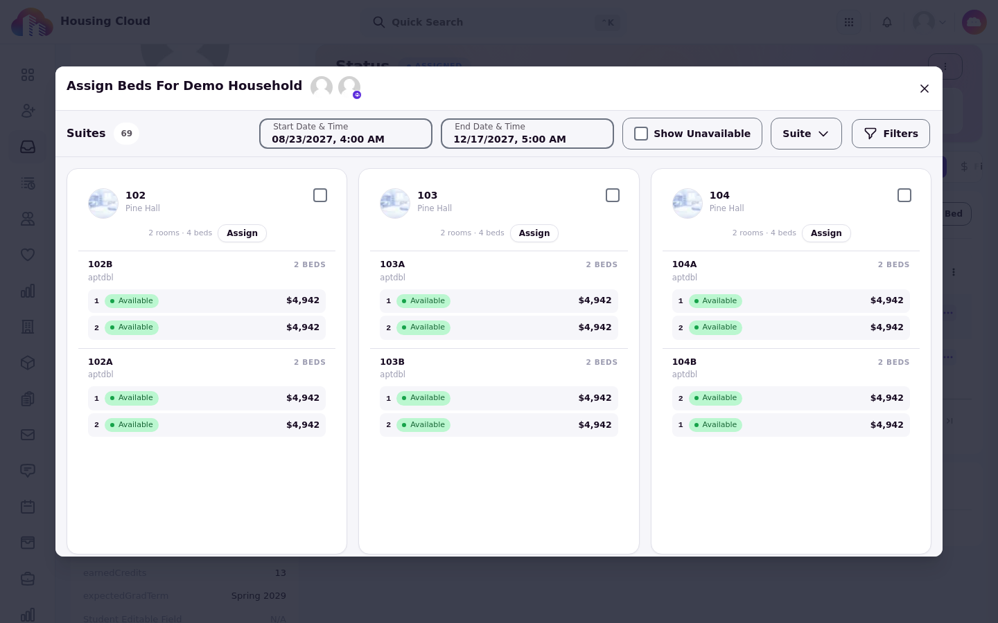 The Assign Beds for Demo Household modal with every group member loaded