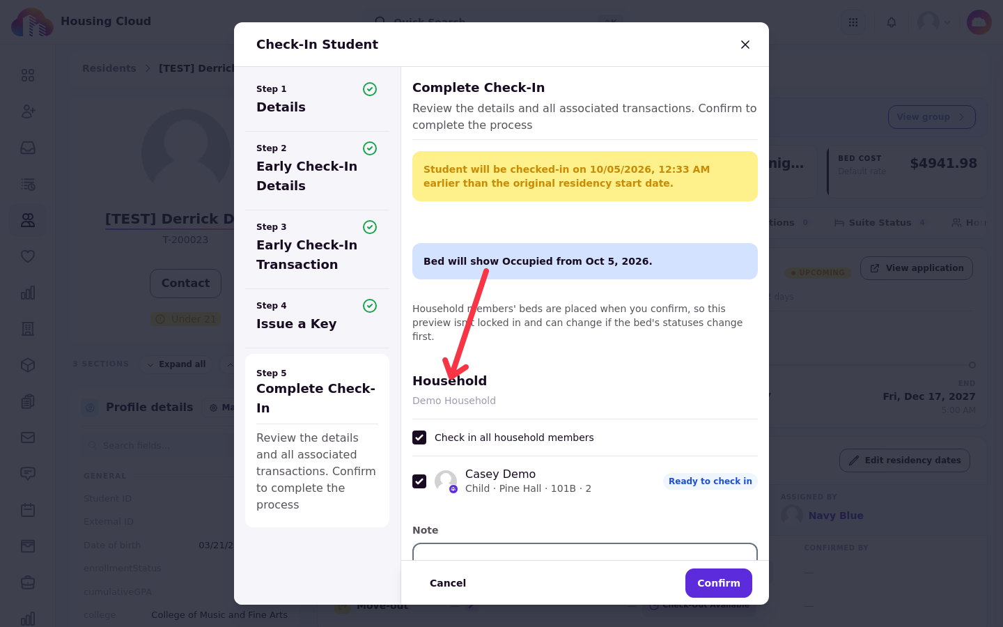 The Complete Check-In step with the Household section