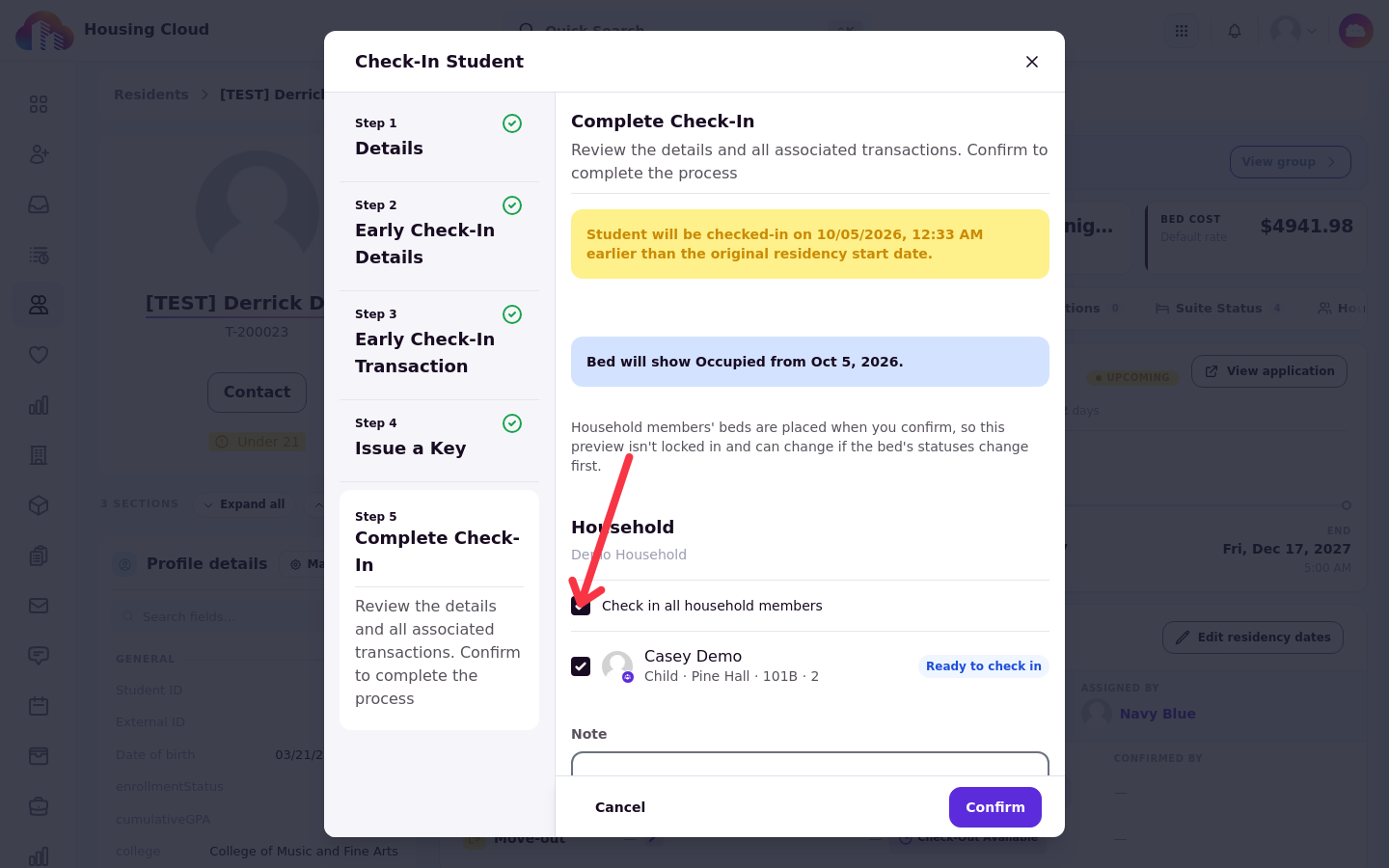 The Check in all household members checkbox and the member checkboxes