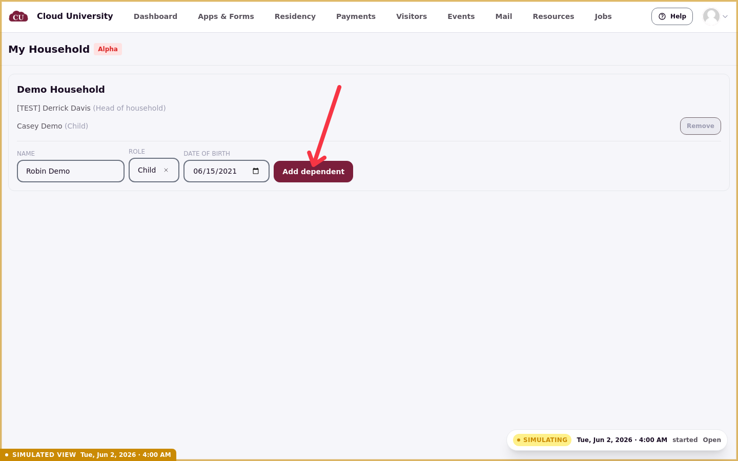 The add-dependent form filled in with a name, role and date of birth