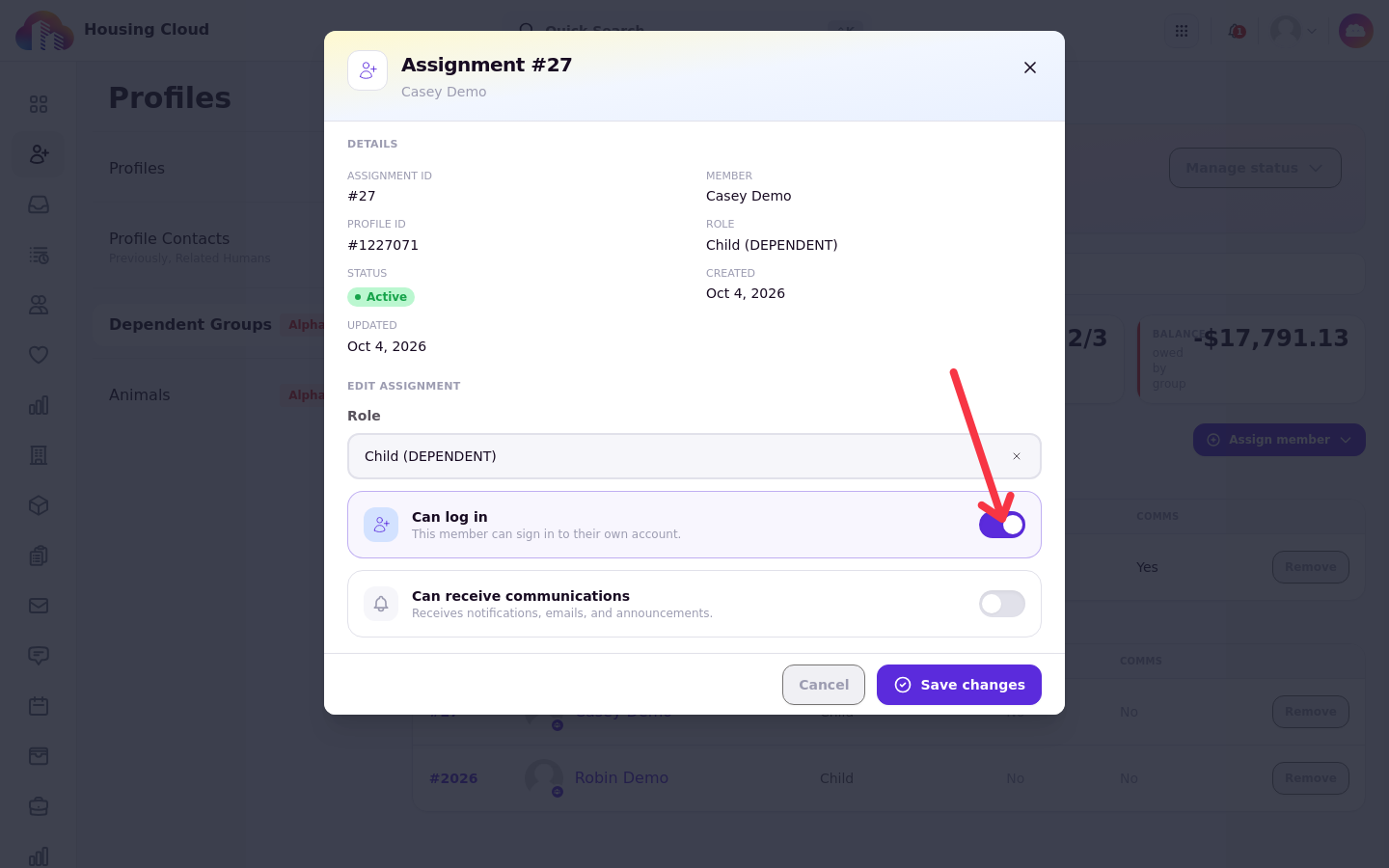 The Can log in switch turned on in a member assignment
