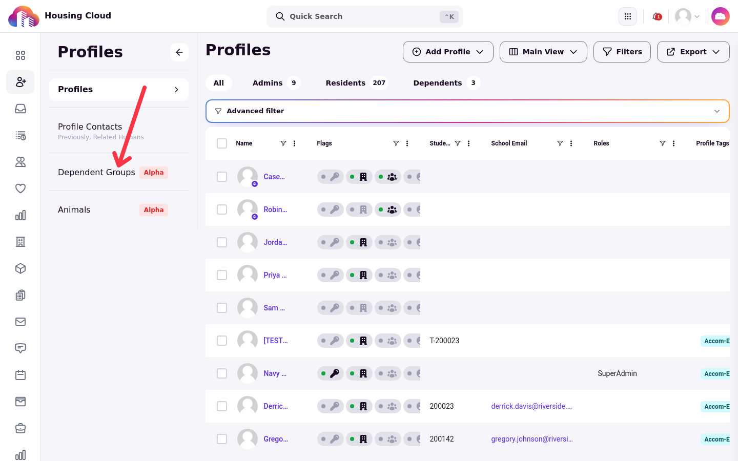 The Profiles sidebar with the Dependent Groups item and its Alpha tag