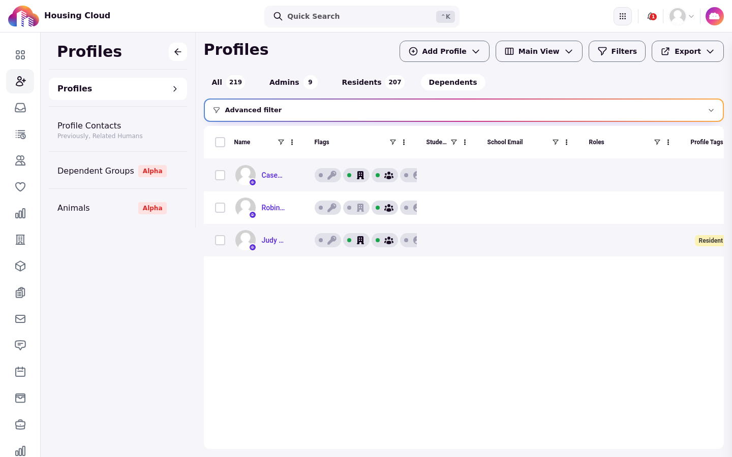 The Dependents tab on the Profiles list