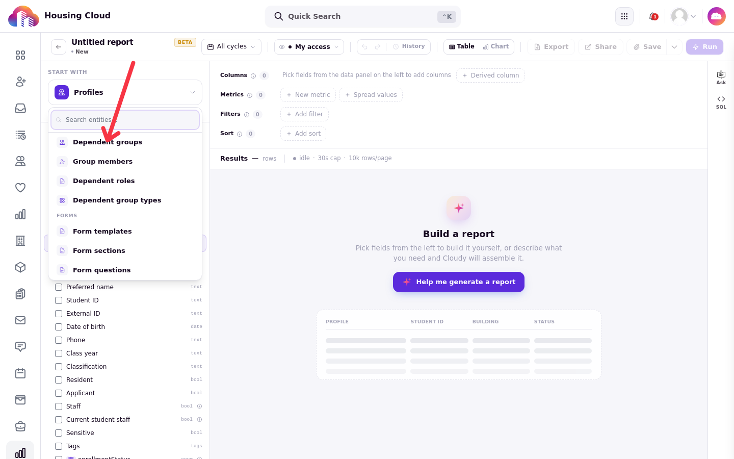 The Dependents category in the report builder data picker