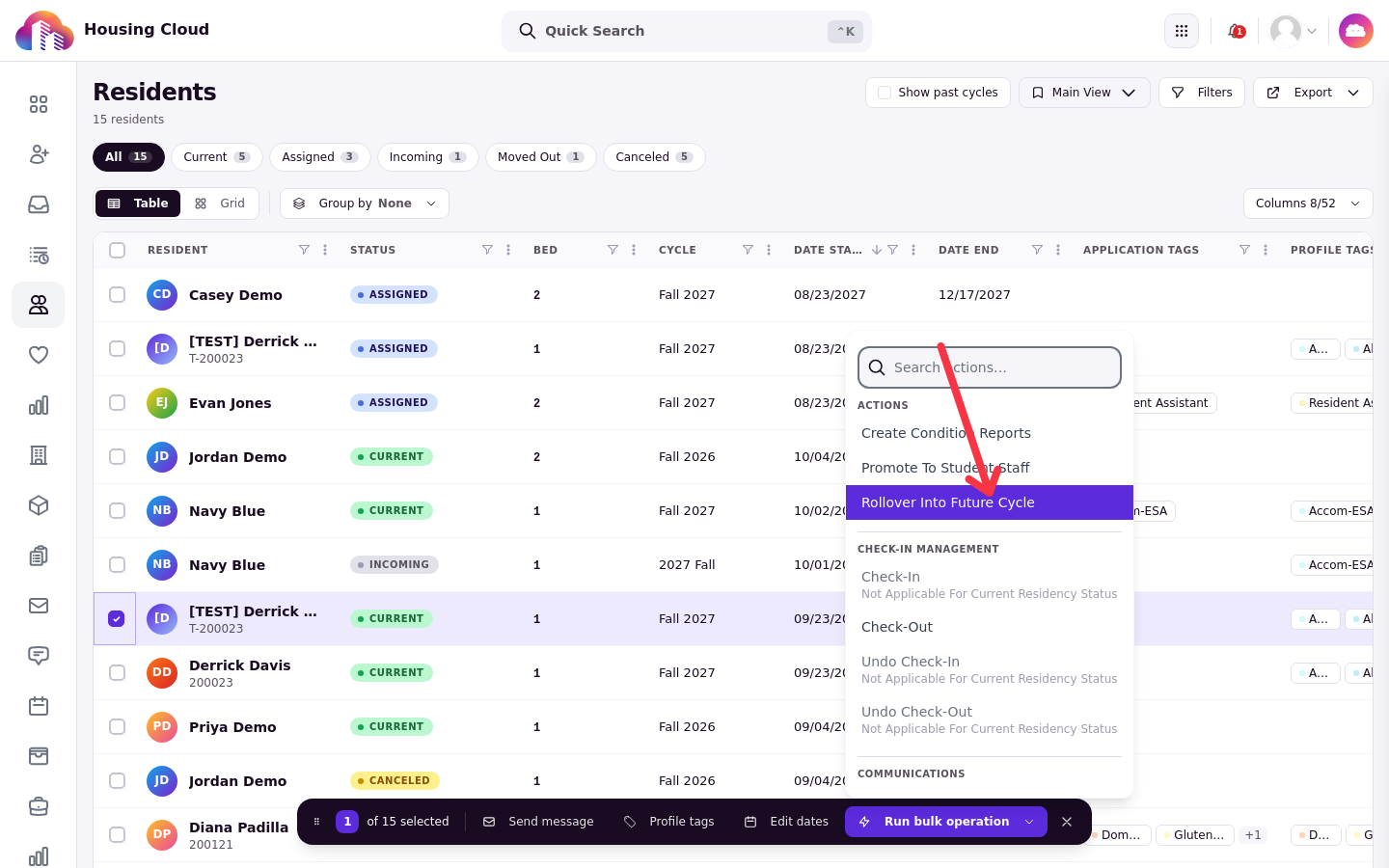 The residents grid bulk actions menu with Rollover Into Future Cycle