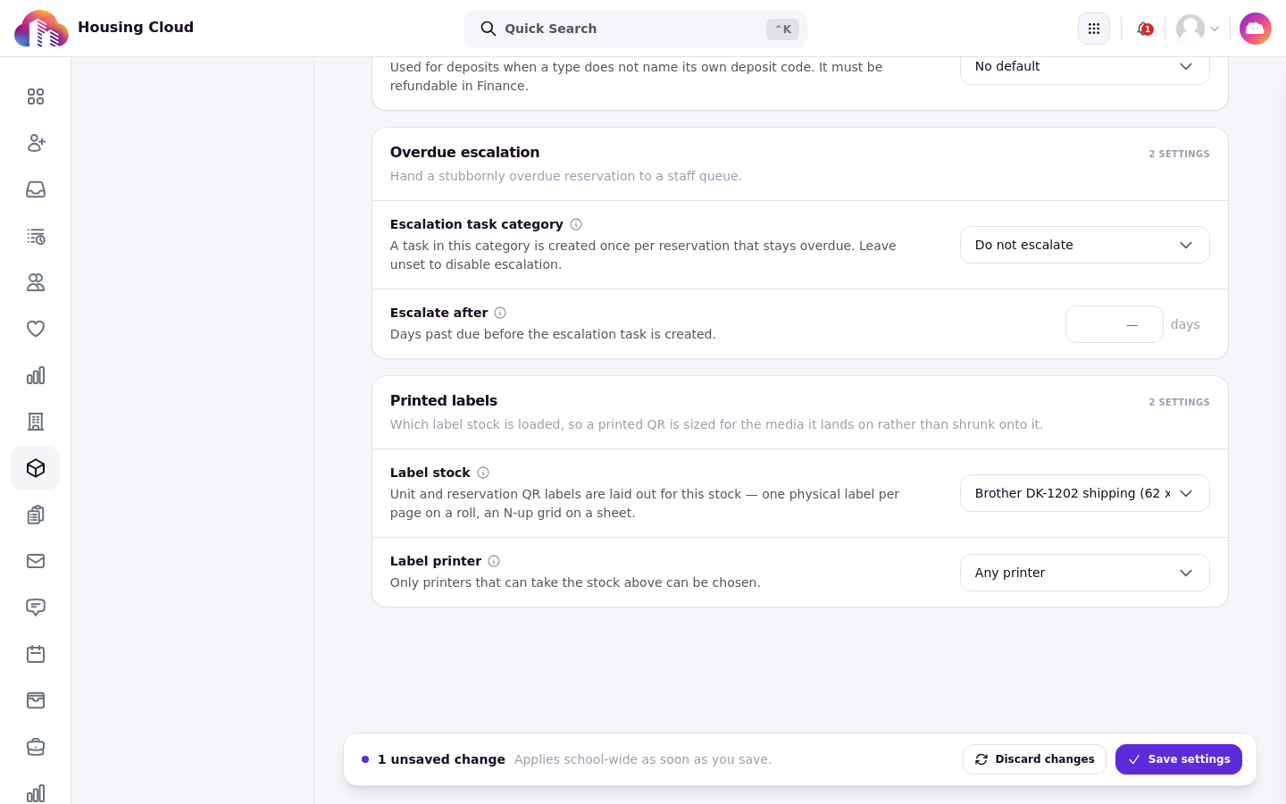 Resource Settings with the save bar reading 1 unsaved change, Discard changes and Save settings