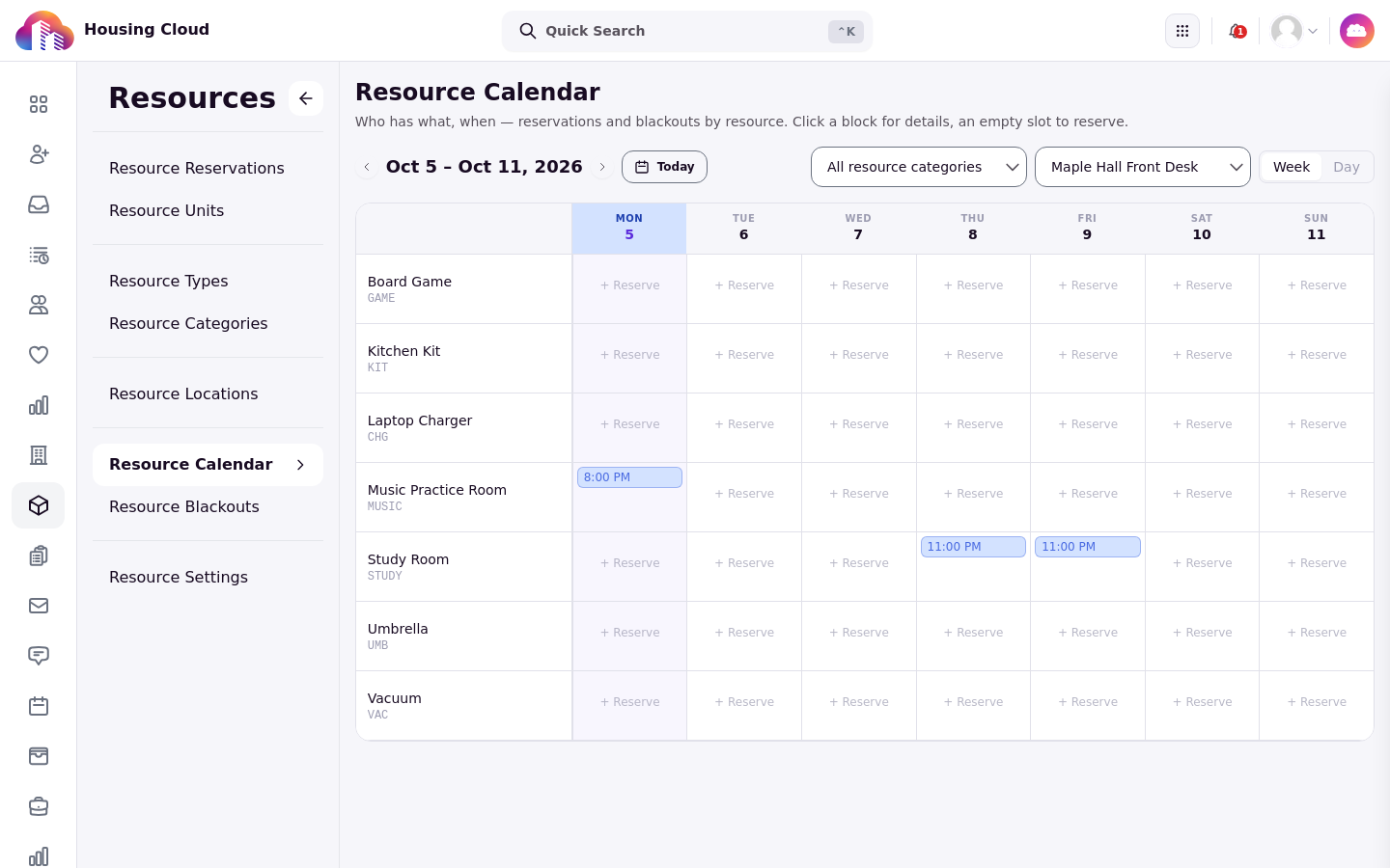 The Resource Calendar week view filtered to Maple Hall Front Desk, showing one row per resource type