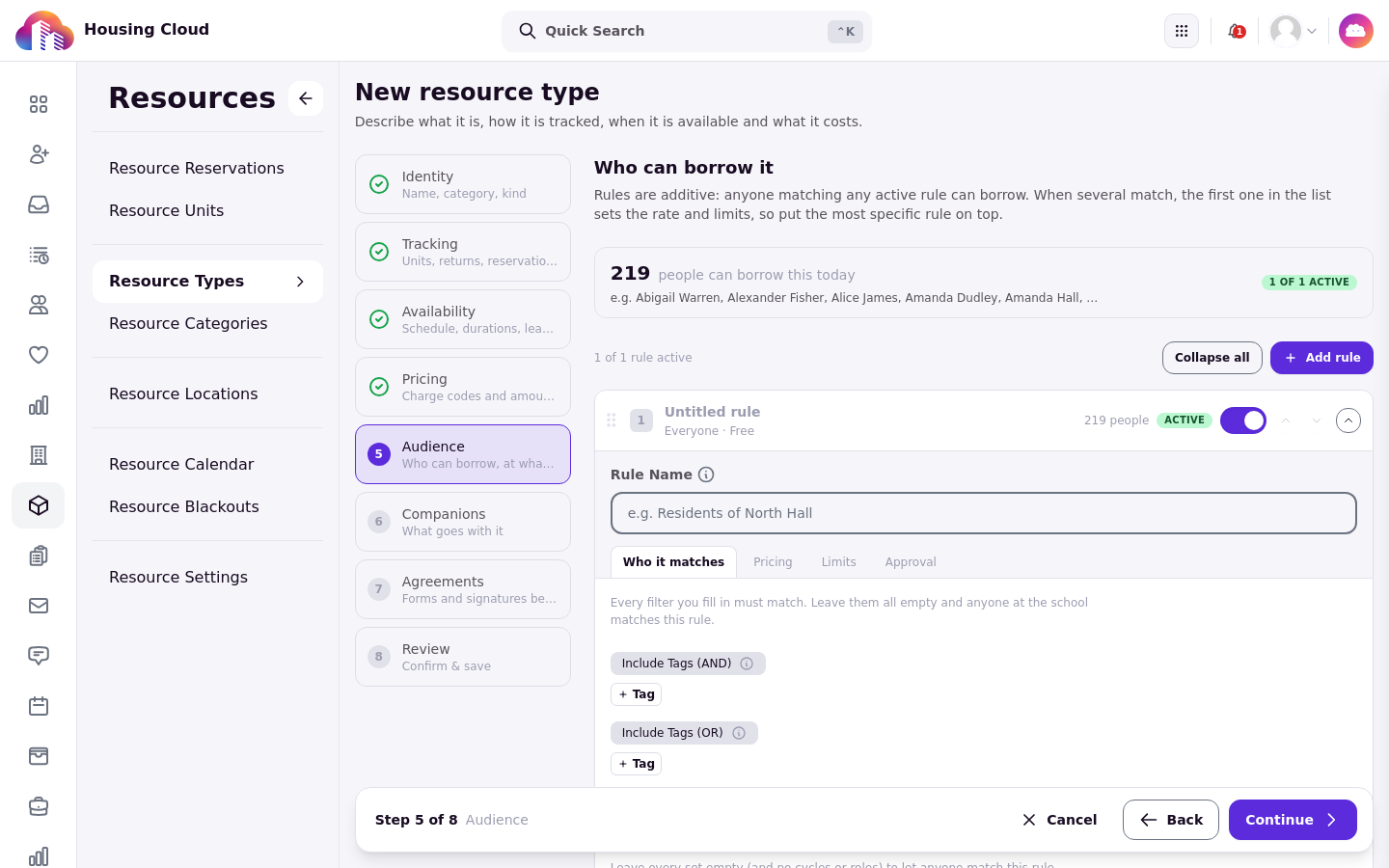 The Audience step of the New resource type wizard showing an Untitled rule with Everyone and Free