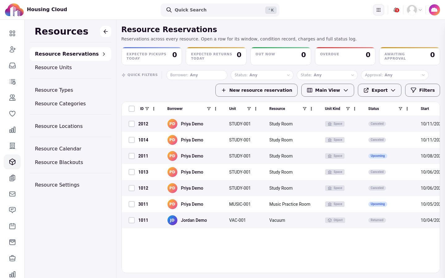 The reservations grid showing the demo loan, booking and request rows