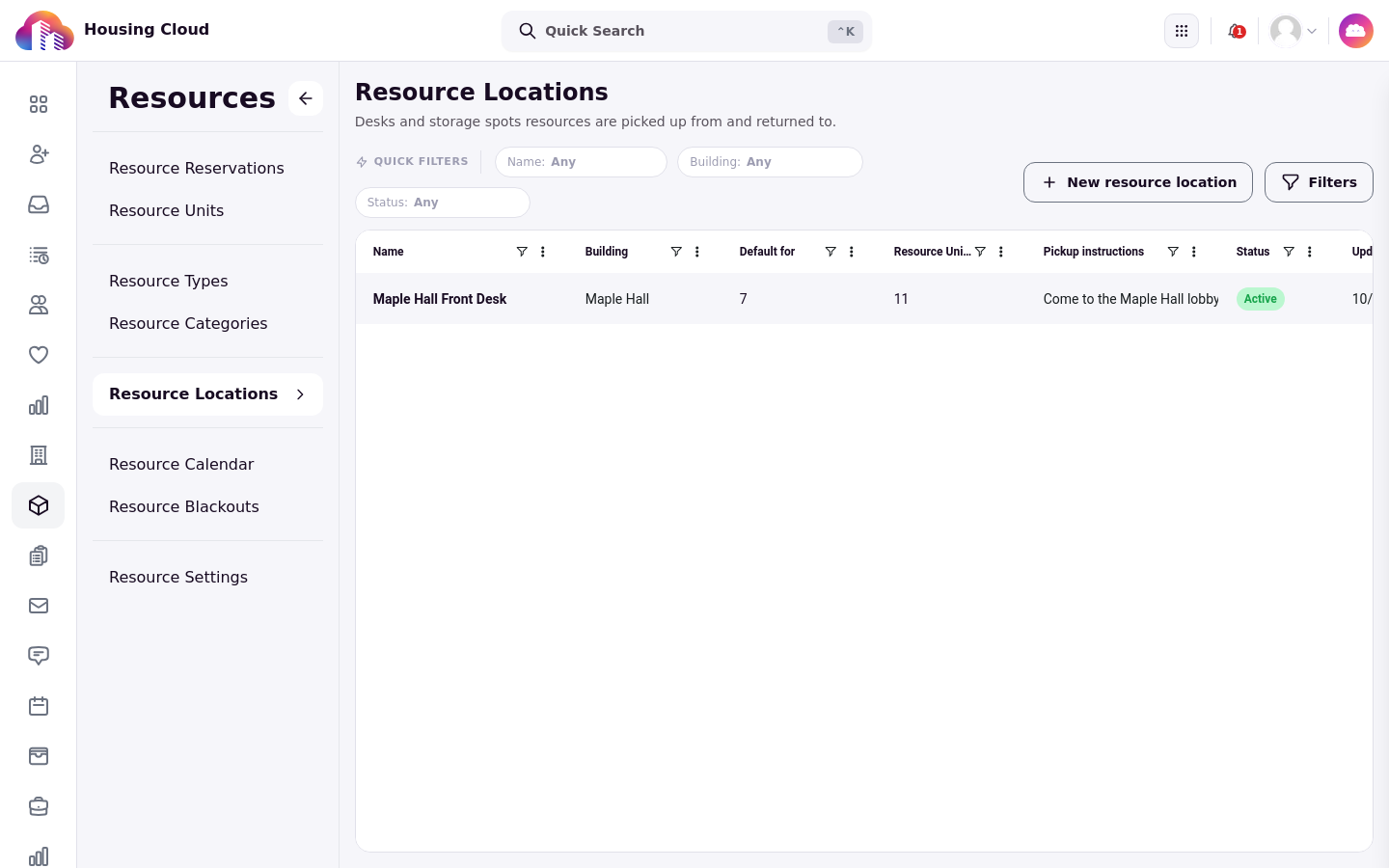 The Resource Locations page listing Maple Hall Front Desk with its building, pickup instructions and status