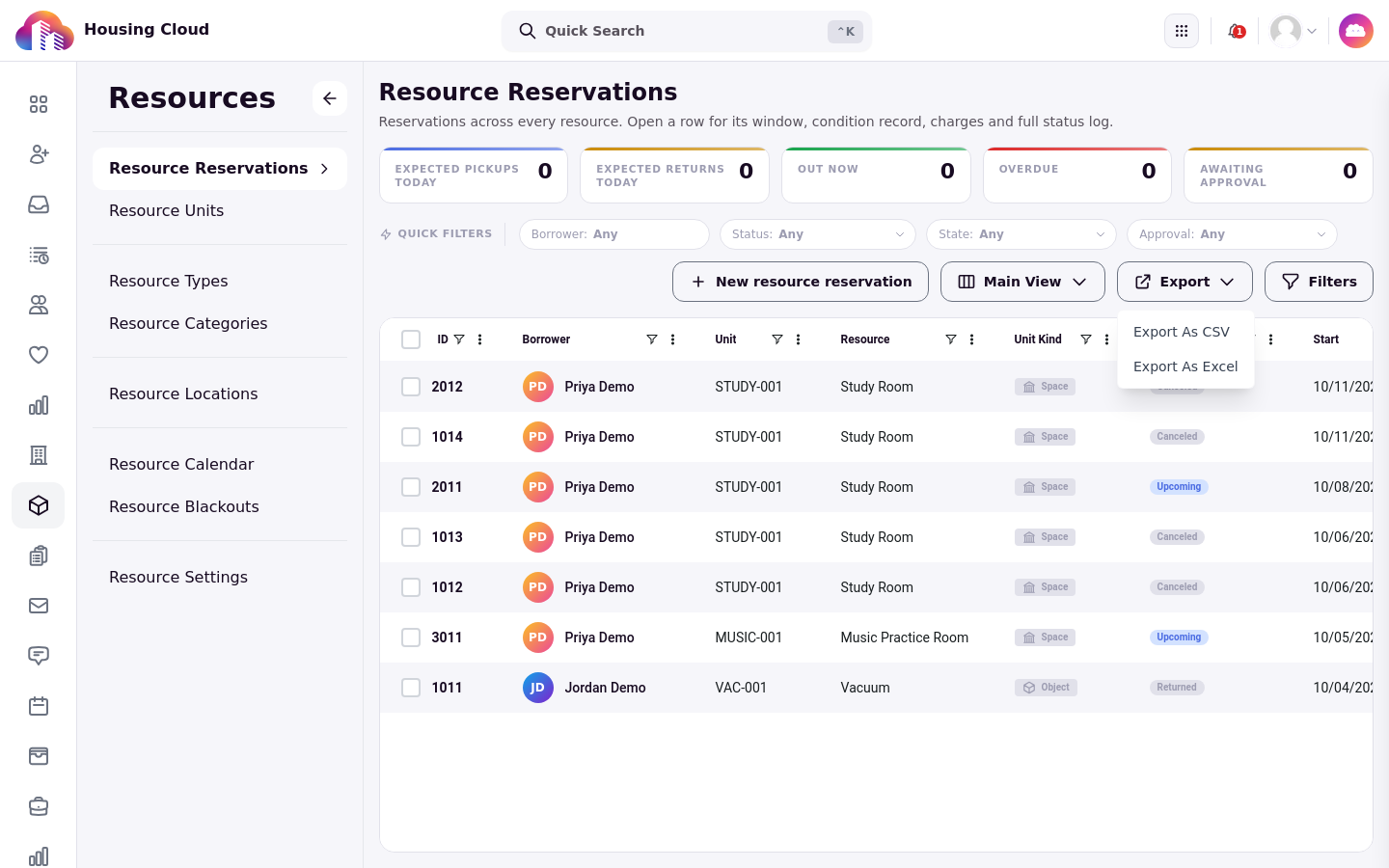 The reservations grid with the Export dropdown open showing Export As CSV and Export As Excel