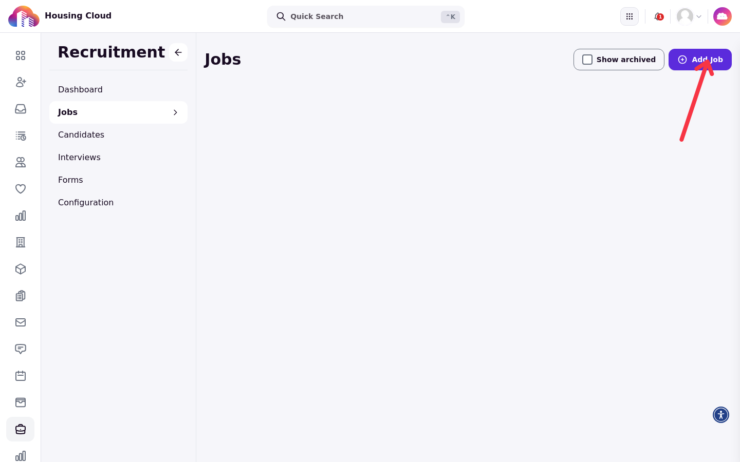 The Jobs page in Recruitment with an empty job list and the Add Job button at the top right
