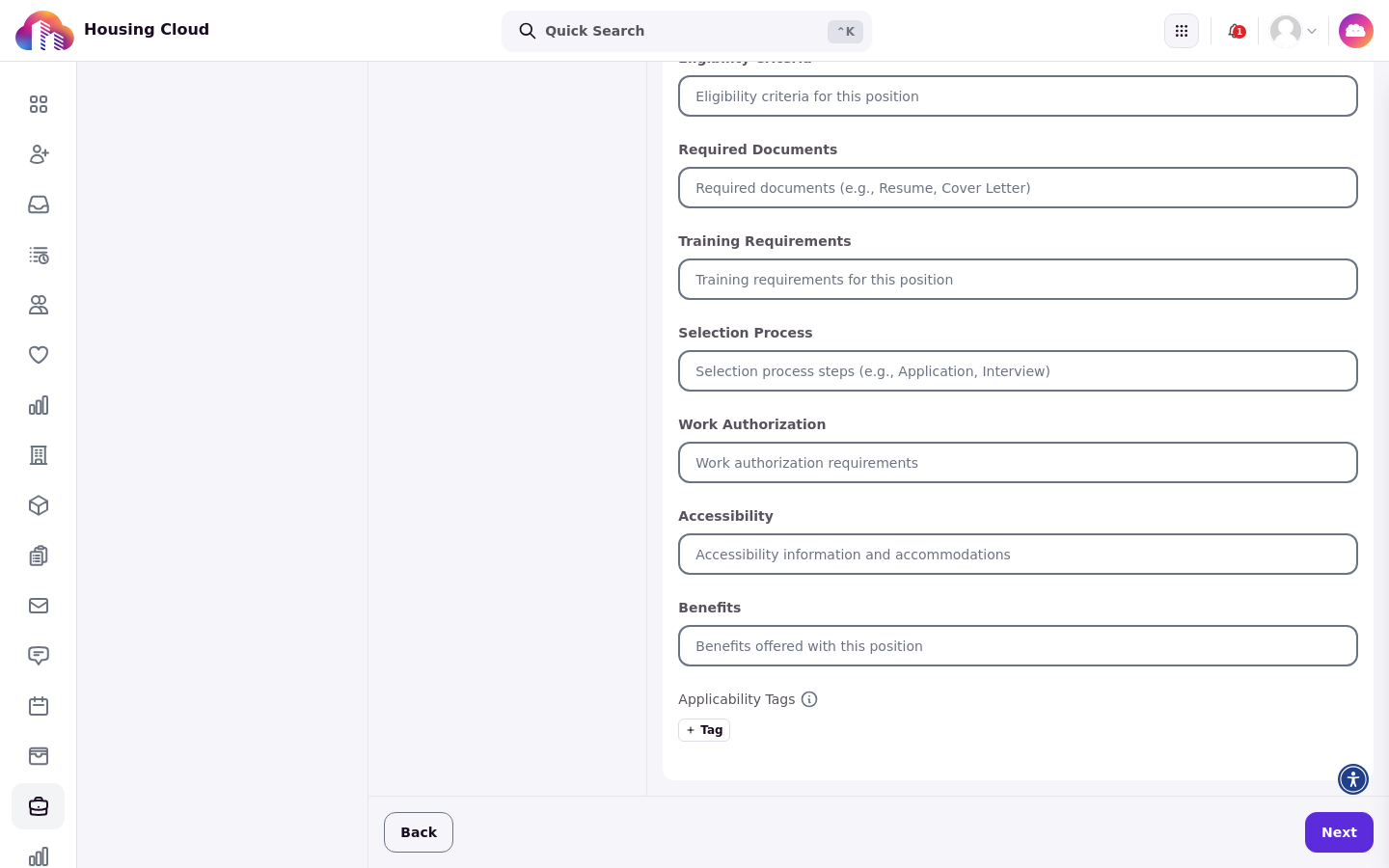 The lower part of the Job Details step, showing Eligibility Criteria, Required Documents, Training Requirements, Selection Process, Work Authorization, Accessibility, Benefits and the Applicability Tags field with a plus Tag button