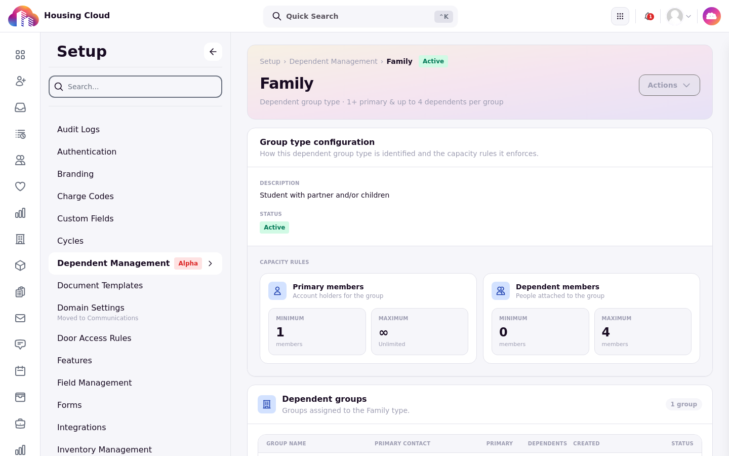 The Family group type detail page with its capacity rules and Dependent groups list