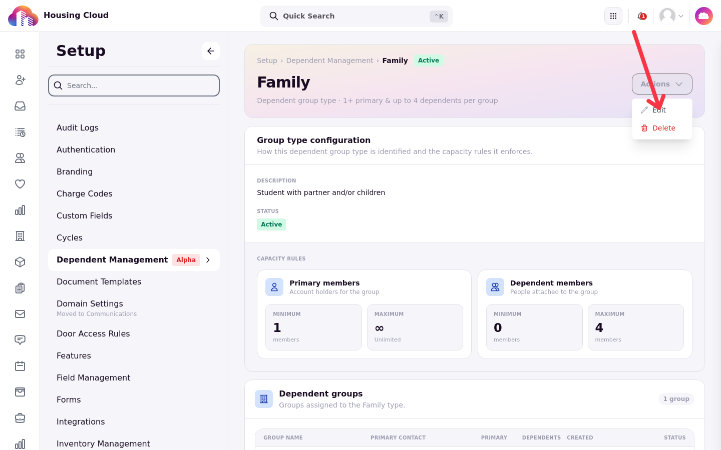 The Actions menu on a type detail page with Edit and Delete