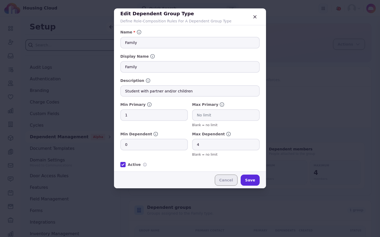 The Edit Dependent Group Type form