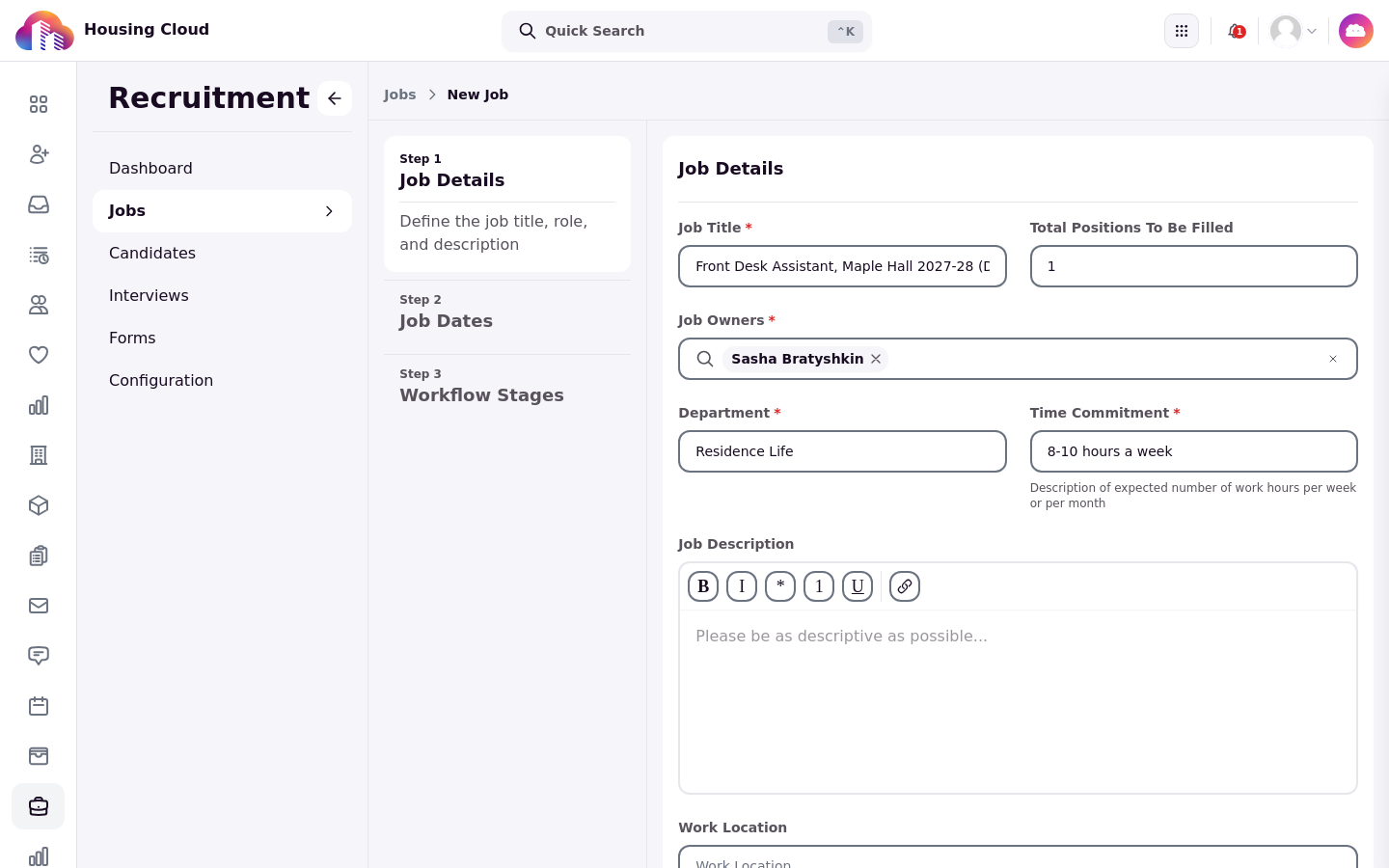 The Job Details step with Job Title, Total Positions To Be Filled, Job Owners, Department and Time Commitment filled in