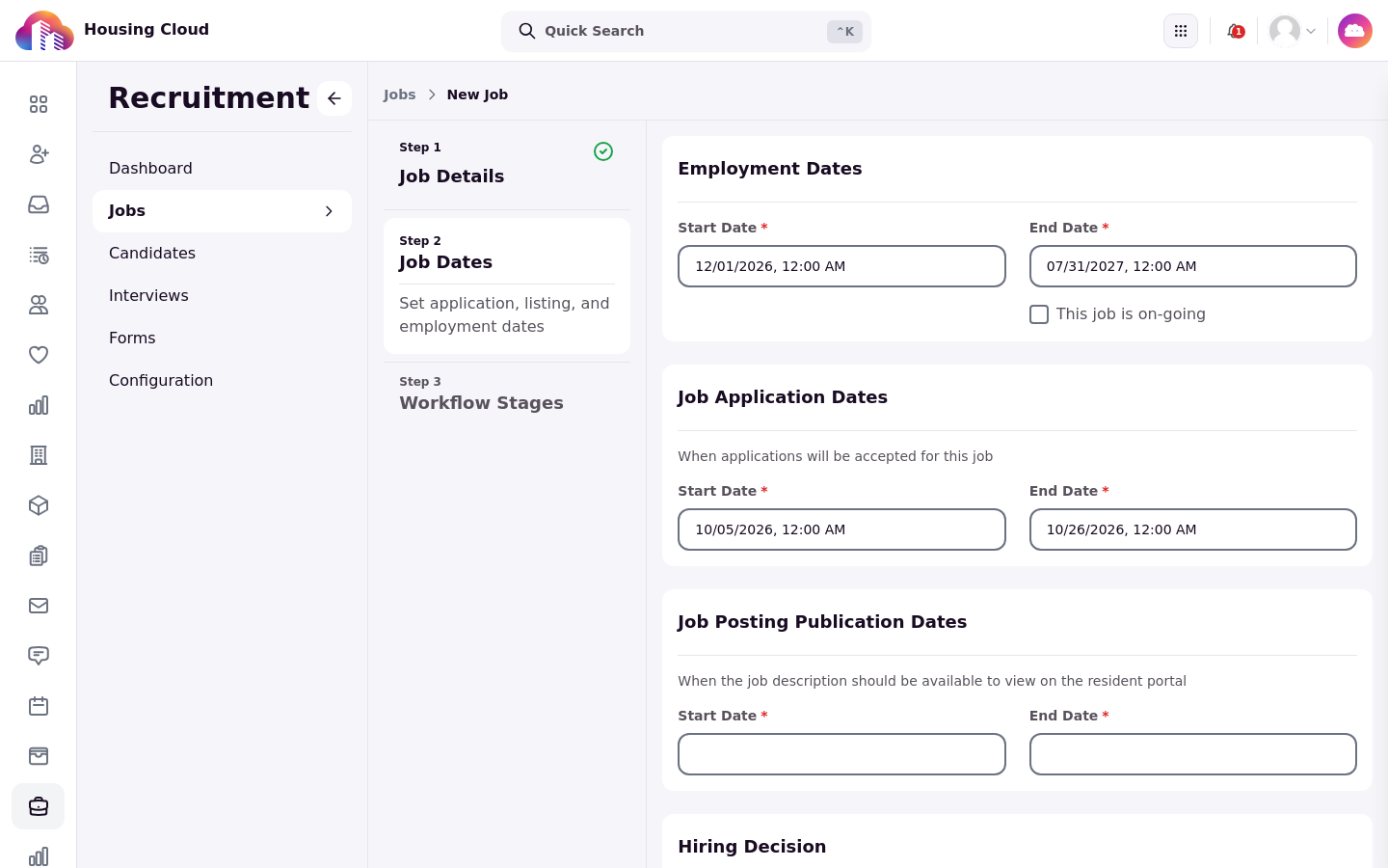 The Job Dates step with Employment Dates set from December 2026 to July 2027 and Job Application Dates set from October 5 to October 26, 2026