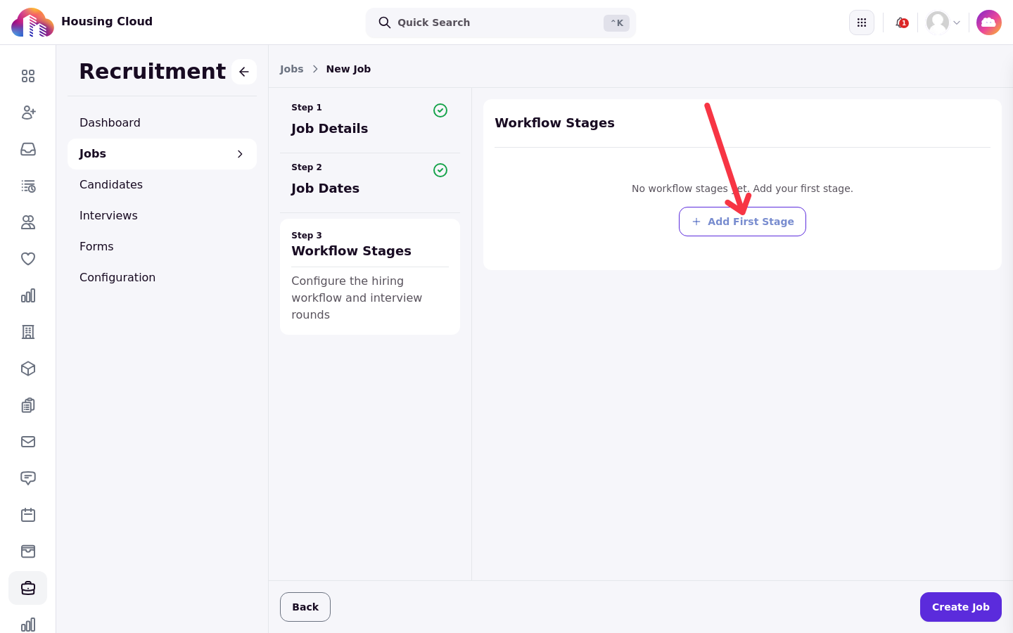 The Workflow Stages step of the New Job wizard with the message No workflow stages yet and the Add First Stage button