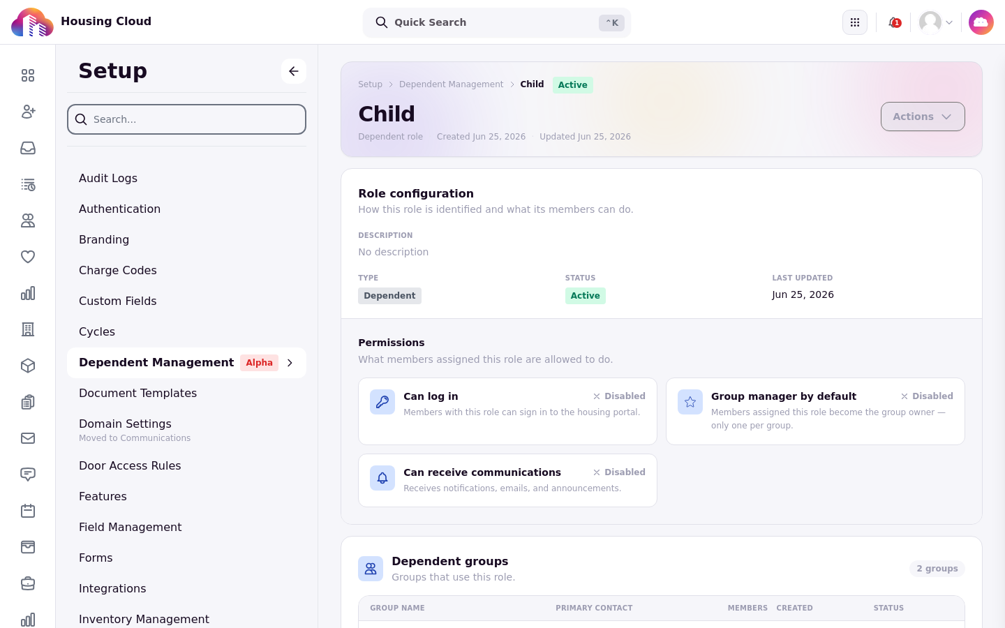 The Child role detail page with its Enabled and Disabled settings and the groups that use it