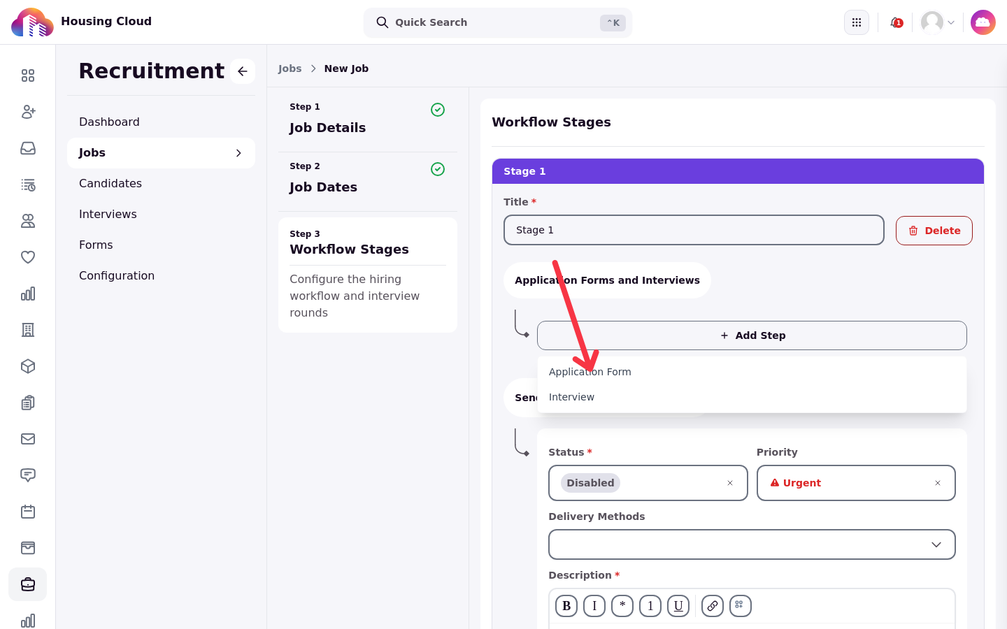 A stage titled Stage 1 with the Add Step menu open, offering Application Form and Interview