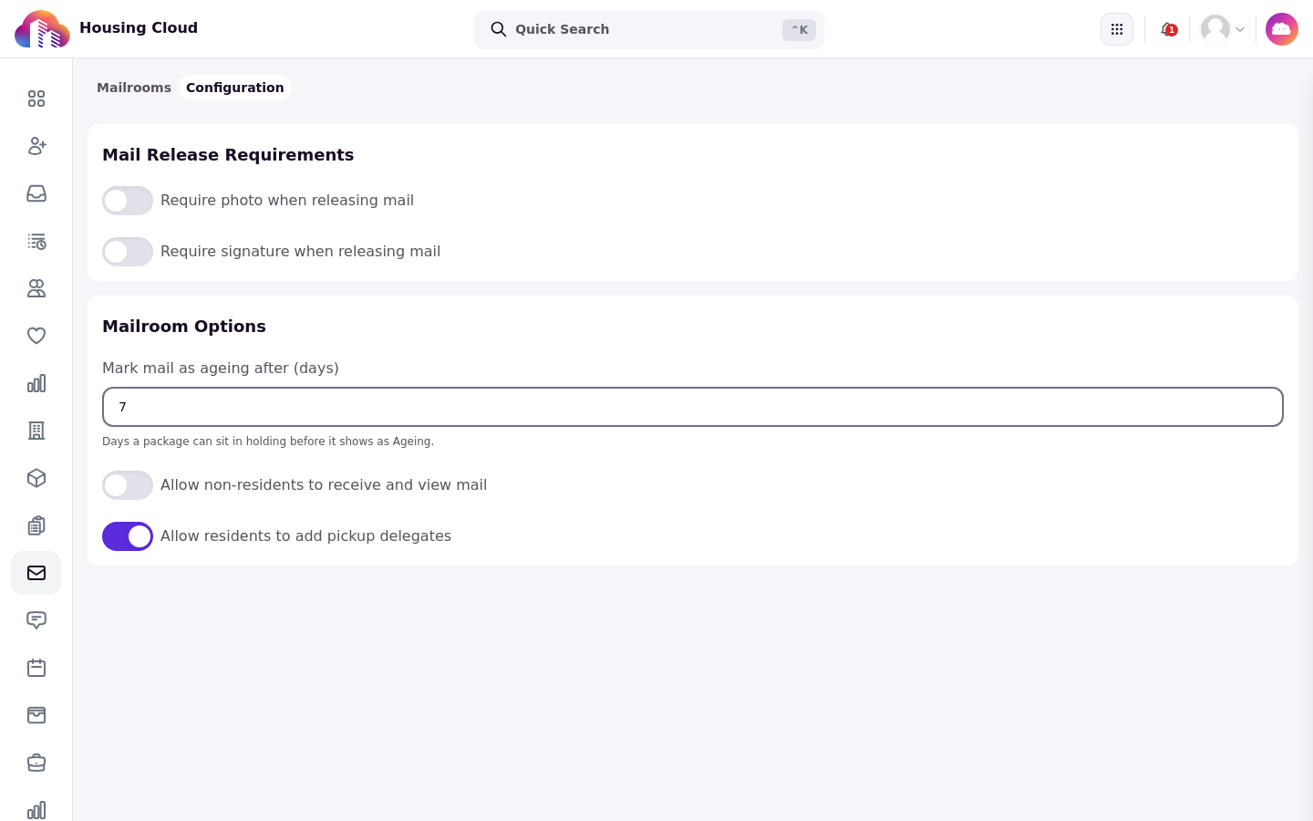 The Configuration tab with the Mail Release Requirements and Mailroom Options sections