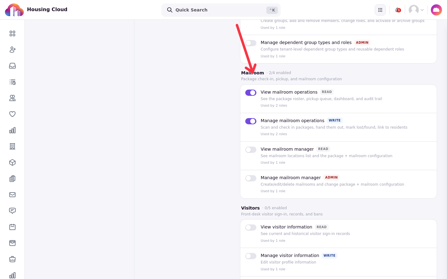 The Mailroom permission group in a desk assistant role, with the two operations permissions enabled and the two manager permissions off