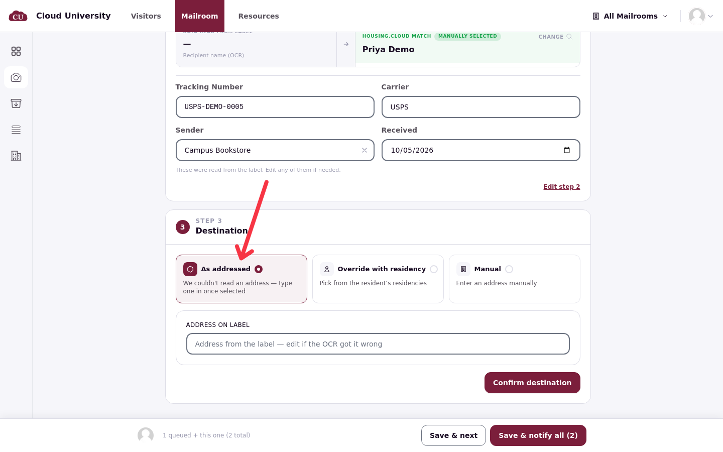 The Destination step with As addressed selected and the address-on-label field
