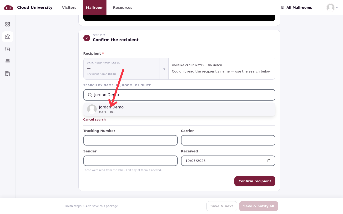 The recipient search showing Jordan Demo with room MAPL 101