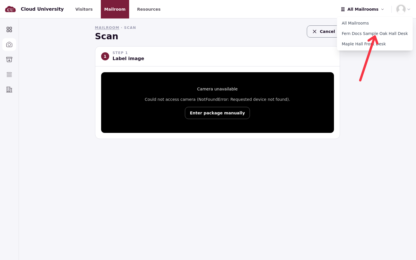 The open mailroom picker listing All Mailrooms and two desks
