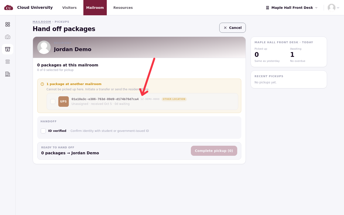 The pickup page showing one package at another mailroom that cannot be picked up here