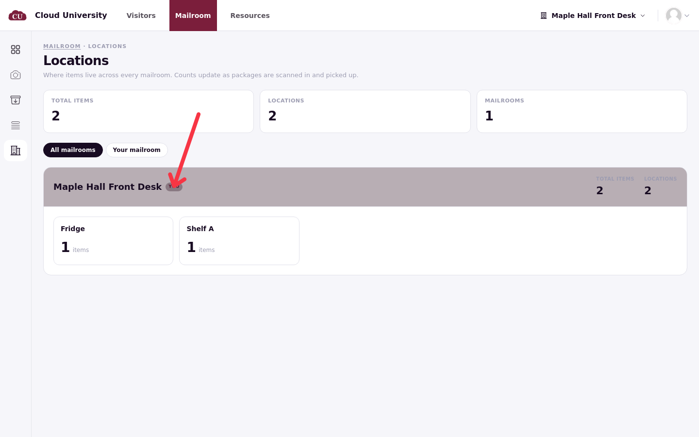 The Locations page with the Maple Hall Front Desk card tagged You and its Fridge and Shelf A locations