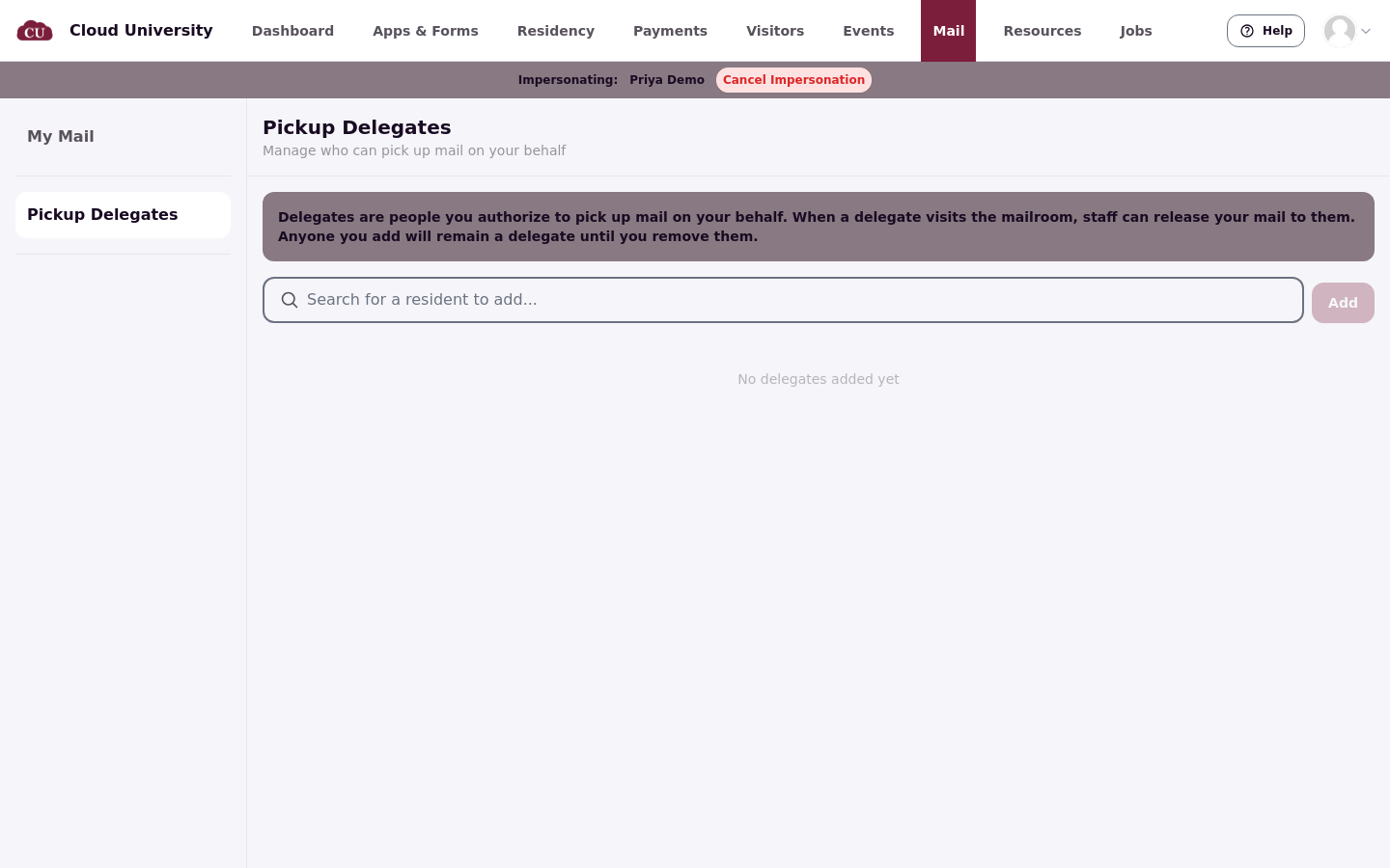 The Pickup Delegates page with no delegates added yet